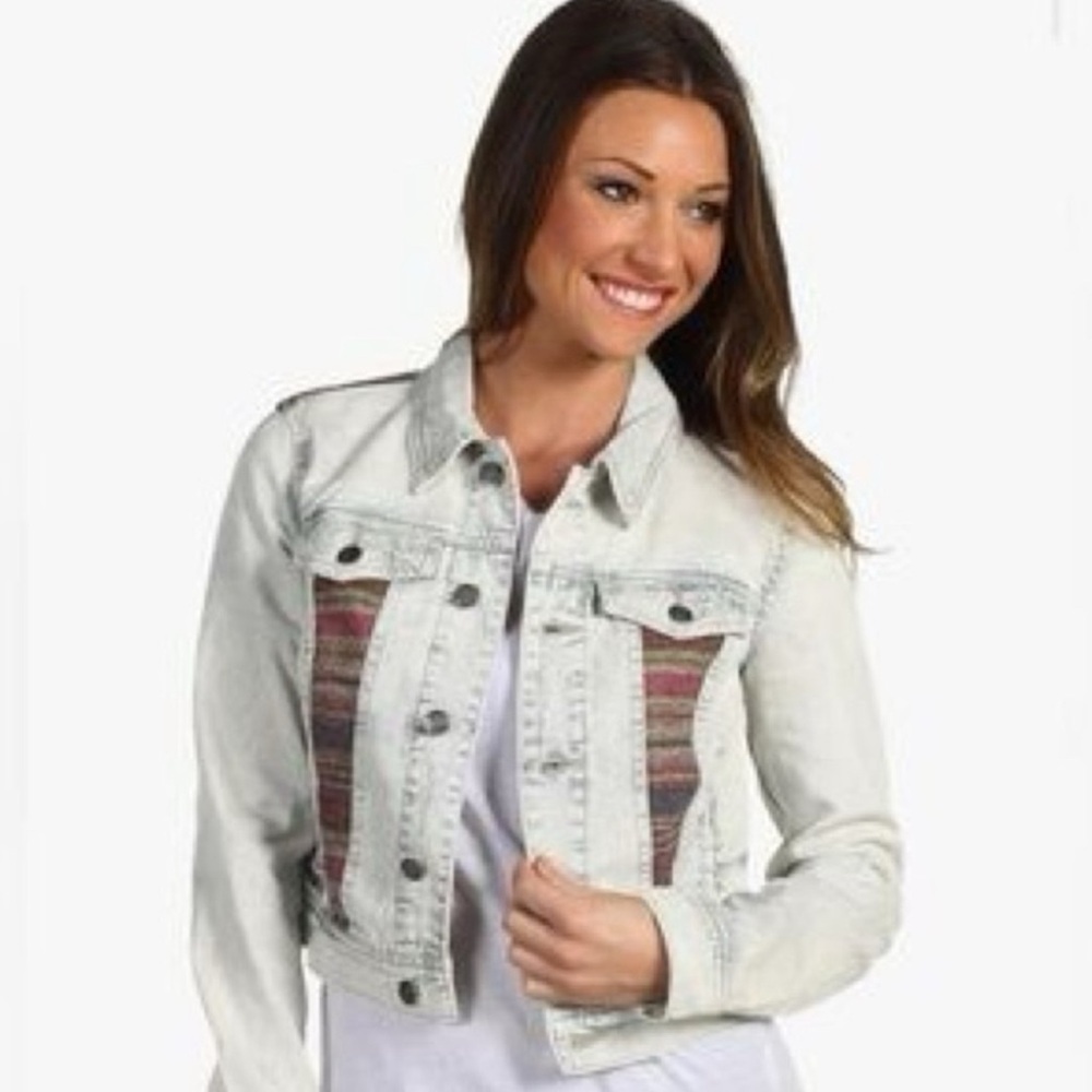 Free People Light Denim Jacket with Multicolor Stripes